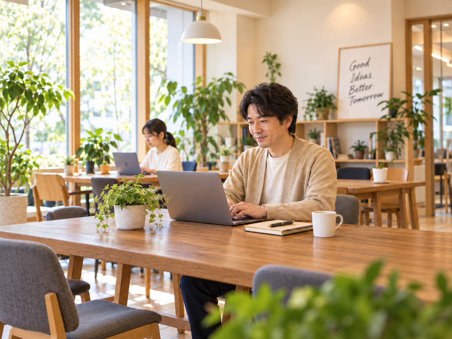 PCで記事作成に取り組む様子